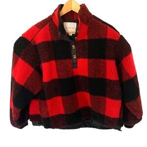 American Eagle Fleece Sherpa Pullover Womens Shacket Size S Red Buffalo Plaid